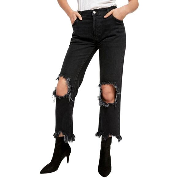We The Free People Busted Knee Cropped Jean SIZE 26 Distressed Frayed Button Fly - Picture 1 of 13
